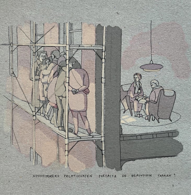 Sarjakuvapiirros, jossa joukko ihmisiä kurkistaa ikkunasta sisään hotelliin. Jotellin sisällä istuu pariskunta (de Beauvoir ja Sartre). Liittyy edelliseen kuvaan.

Kuvassa teksti: Nousisimmeko Palatinuksen portaita De Beuavoirin tapaan?
